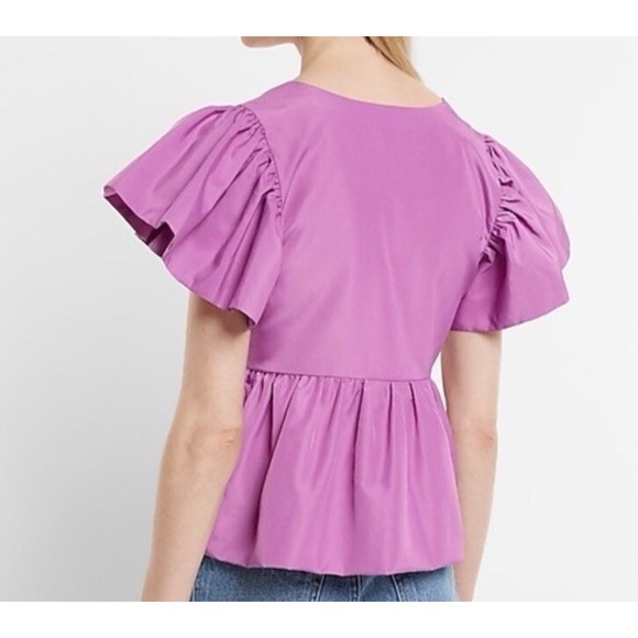 EXPRESS Square Neck PURPLE Flutter Sleeve Peplum Babydoll Top Sz Medium Girlcore - Picture 2 of 6